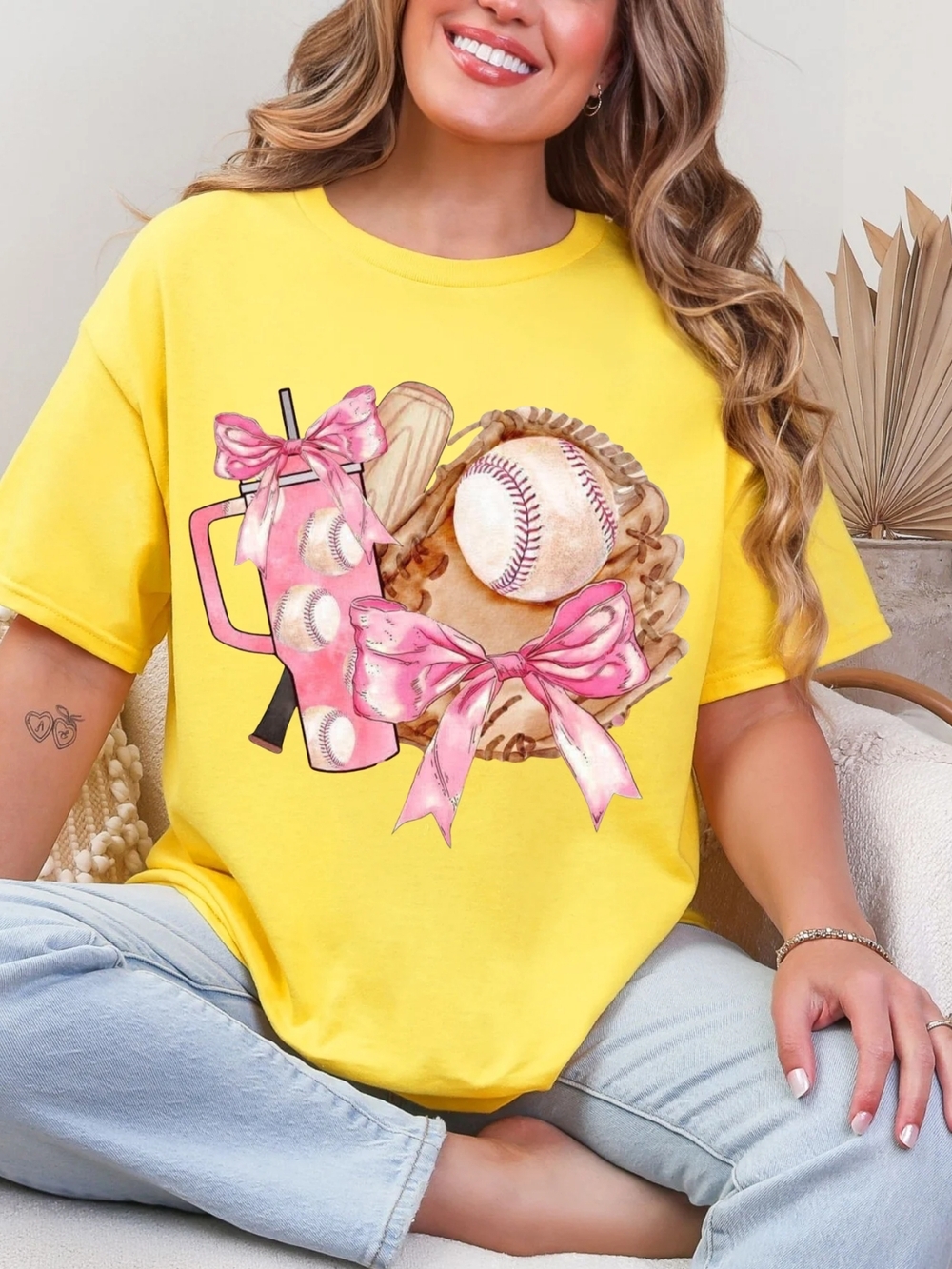 Gildan Yellow Short Sleeve Tee with Pink Baseball Bow Graphic